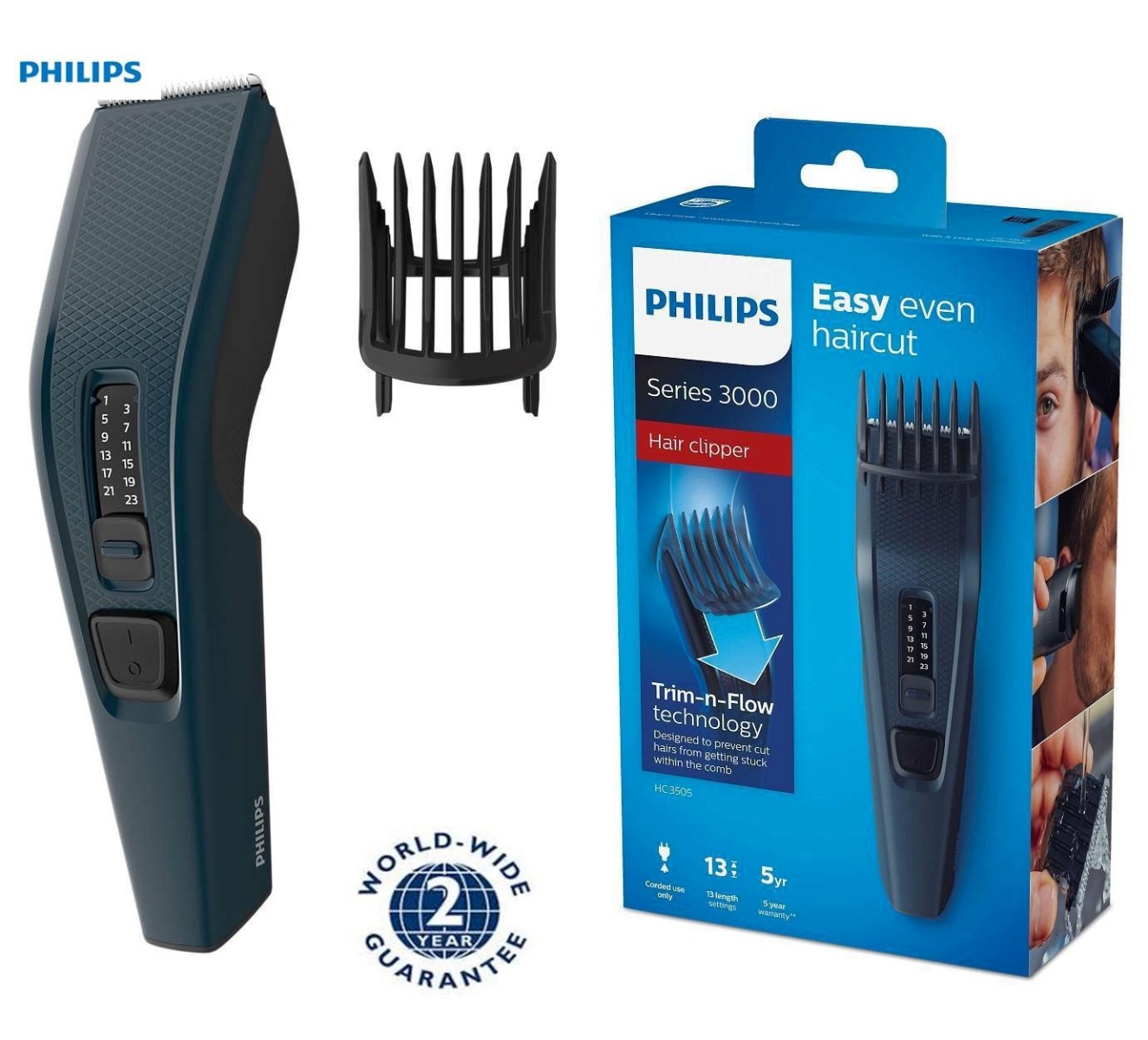 Philips Hair clipper (HC3505, Corded Hair Clipper with 13 Length Settings  and Stainless Steel Blades)